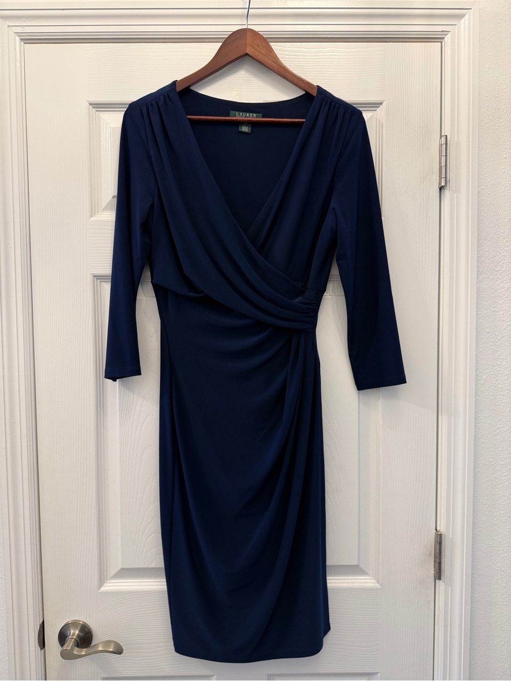 Ralph Lauren Navy Wrap-Front Long Sleeve Sheath Dress